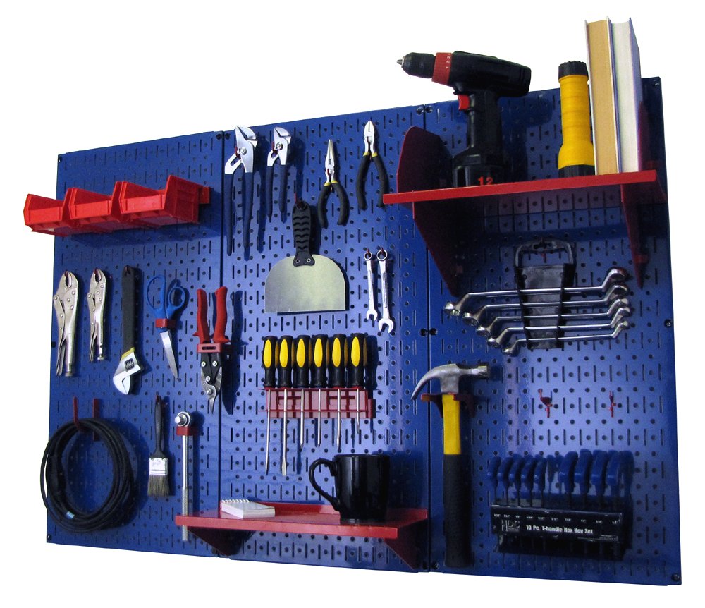 Wall Control Pegboard Organizer 4 ft. Metal Pegboard Standard Tool Storage Kit with Blue Toolboard and Red Accessories