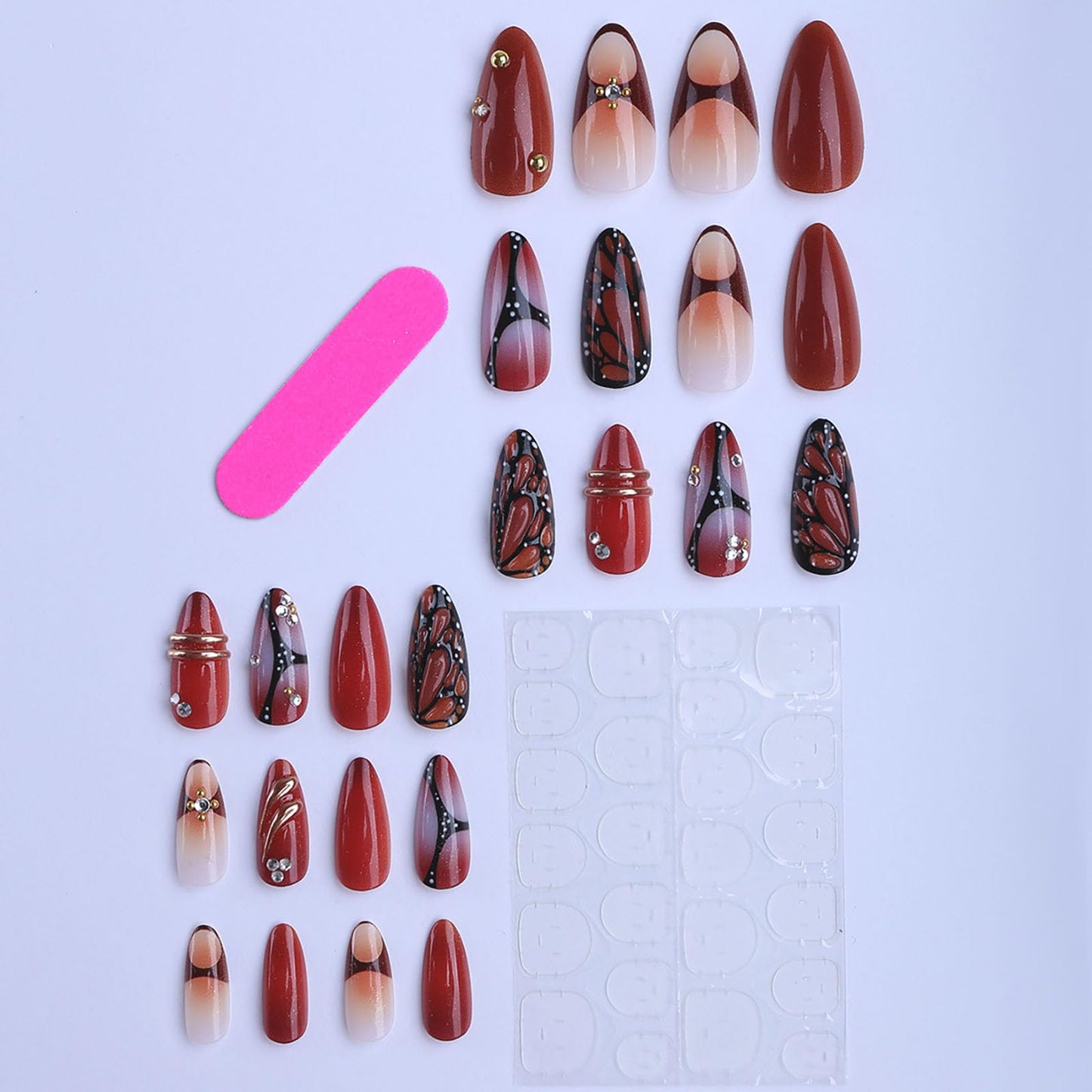 RUOKEXIN Almond Press on Nails Medium Fake Nails Butterfly False Nails with 3D Designs Spring Summer Nail Press ons Sparkly Artificial Nails for Women 24Pcs