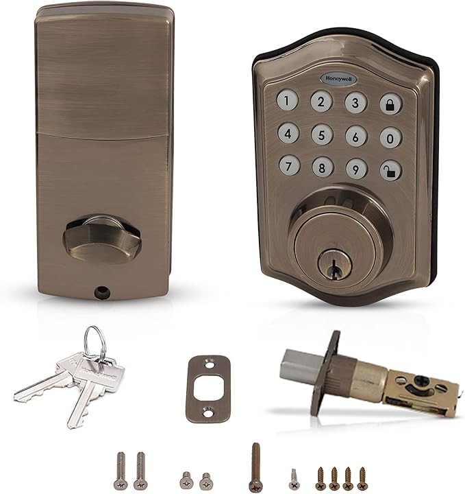 Honeywell Safes & Door Locks - Keyless Entry Door Lock with Smart Electronic Keypad Deadbolt - Easy Installation & 50 Different User Pin Codes - Auto Lock - Antique Brass - 2.9 x 2 x 6.2 in - 8712109