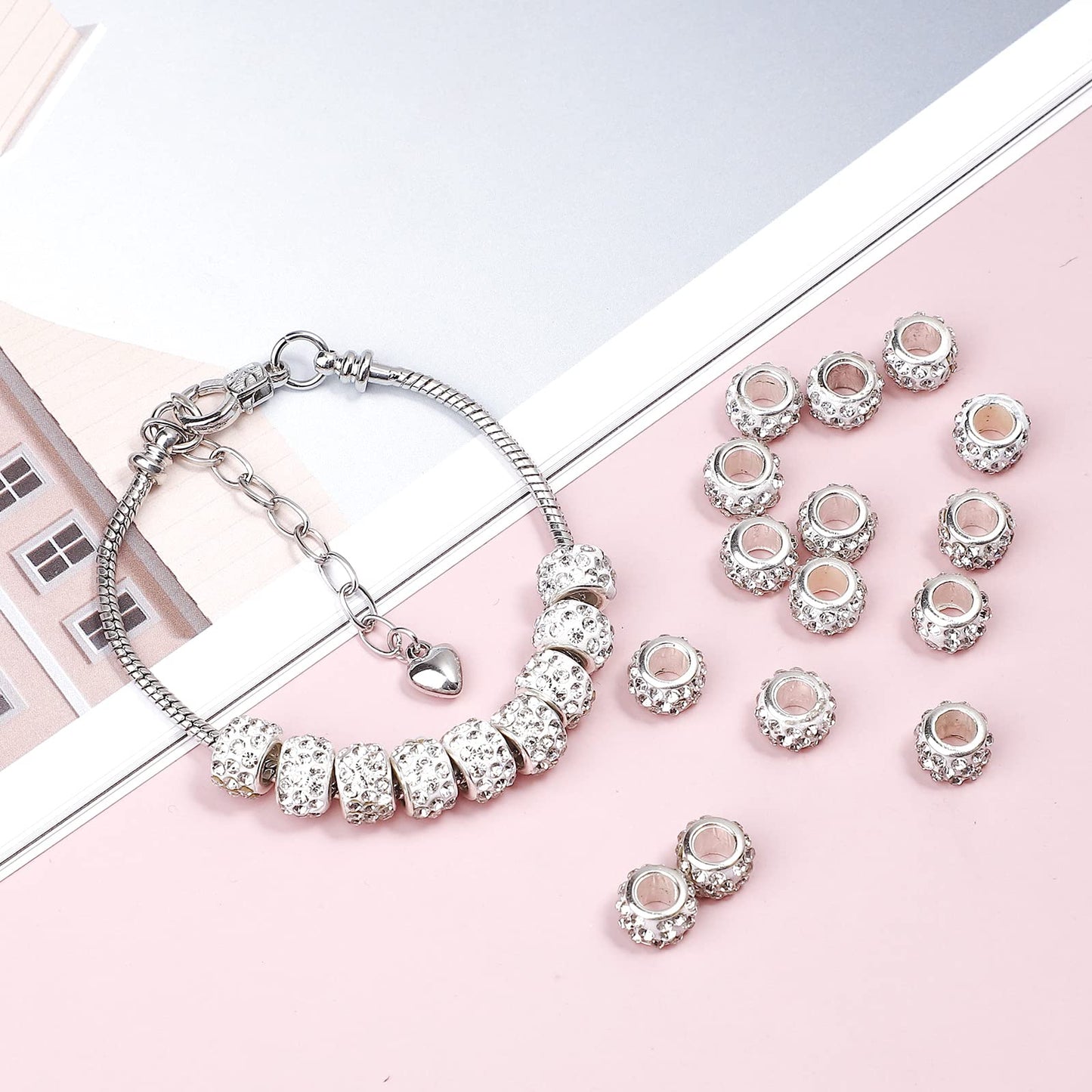 200 PCS European Large Hole Beads Rhinestone White European Beads Crystal Large Hole Craft Beads for DIY Charms Bracelet Jewelry Making