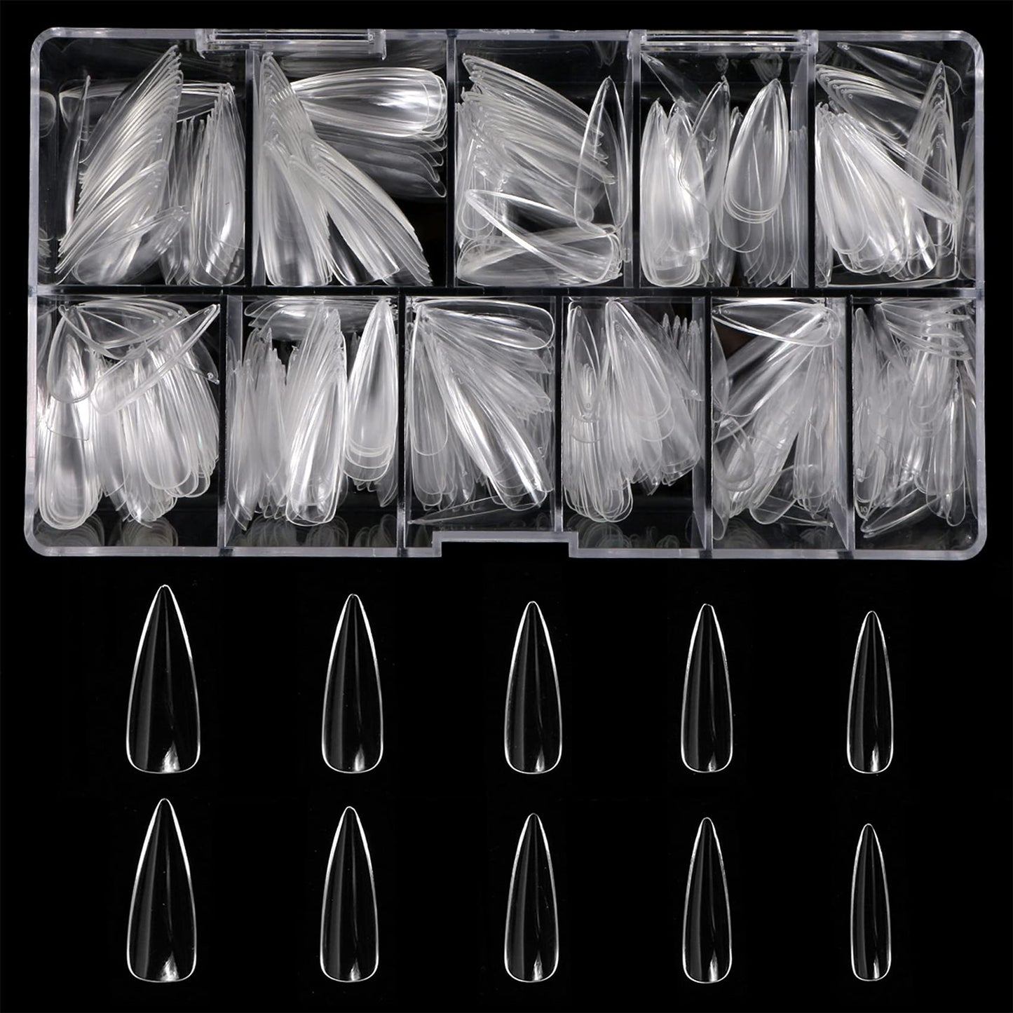 Press On Nails Set with 500pcs Long Stiletto Nail Tips Clear Full Cover 5pcs Nail Glues 1pcs Nail File with Case False Nail Fork Nail Kit Acrylic Nail Kit