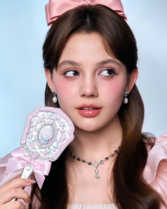 Flower Knows Shell's Jewel Hand Mirror,Vintage Portable Handheld Mirror,Fancy & Pretty Princess Mirror with Long Handle,Gift for Girls(Pink Seashell)