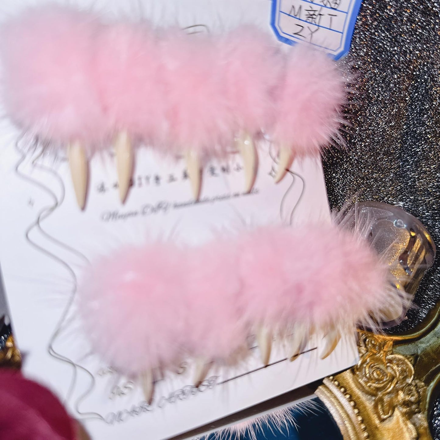 10 Pcs Luxury Press on Nails Medium Curved Stiletto Handmade Cat Claw Reusable Nails Press Ons Unique with Pink Furry Fur Designs Cat Claw Fake Nails Glossy Thick Acrylic Glue on Nail (S)