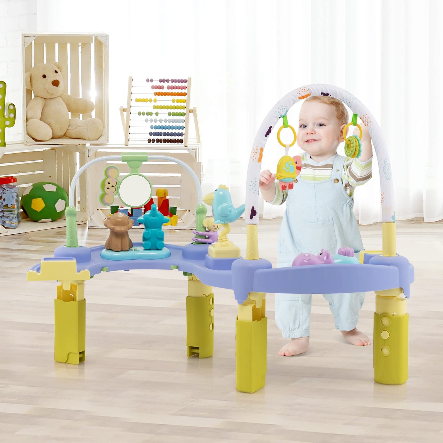 BABY JOY Baby Bouncer Activity Center, 3 in 1 Activity Center & Table | Infant Play Mat, Bouncing Activity Saucer w/Music, 3 Adjustable Height, 360° Seat for Babies 0-24 Months (Pink)