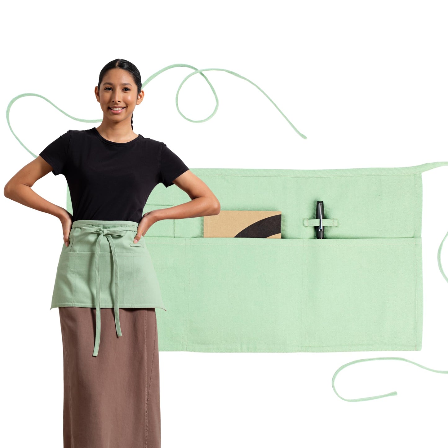 MEEMA Chef Waist Apron Cotton Fabric |Washable & Breathable Waitress & Server Half Aprons for Women with Pockets & Long Waist Straps | Cooking, Baking, Grilling & Crafting