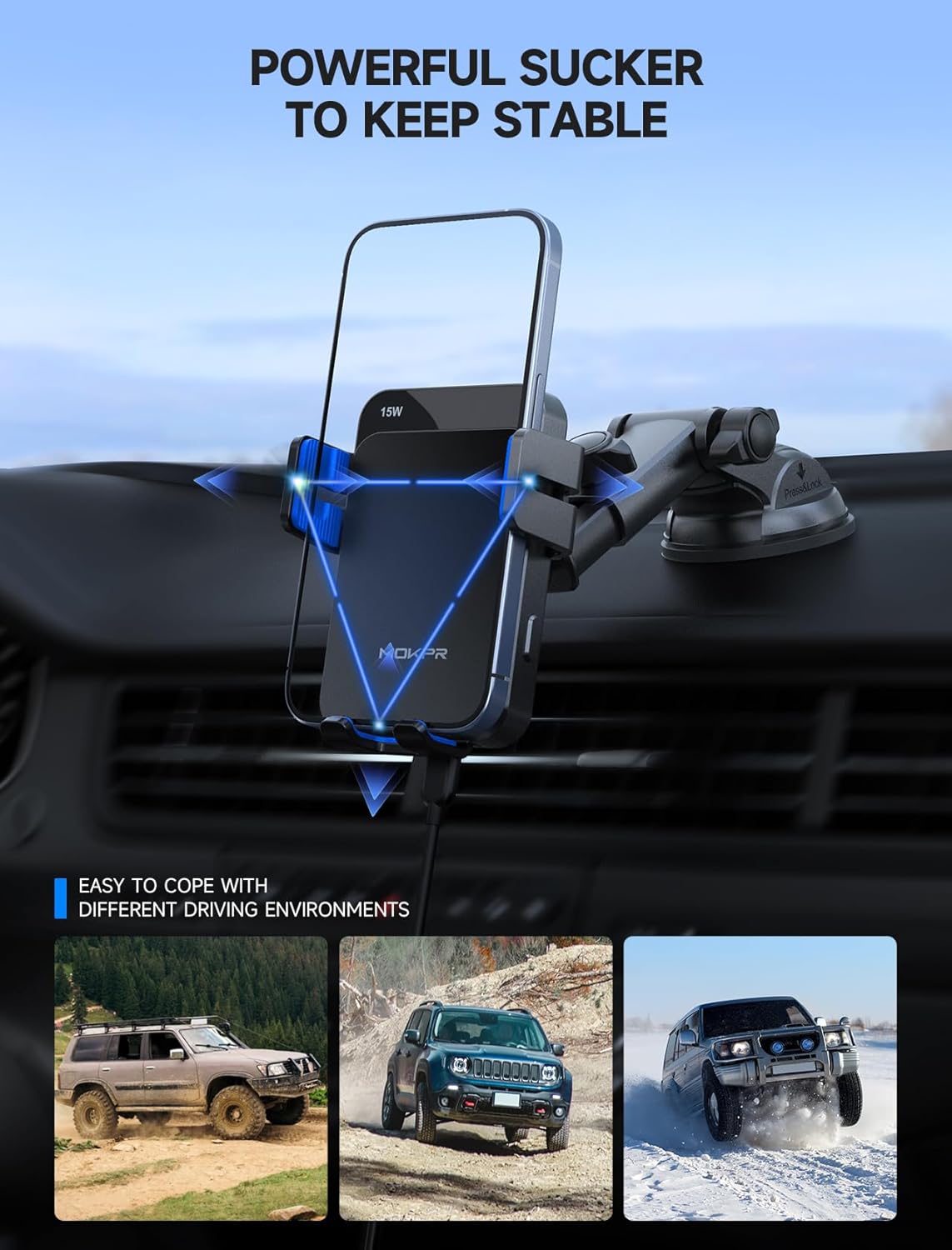 MOKPR Wireless Car Charger, 15W Auto Clamping Car Charger Dash Windshield Air Vent Phone Holder Compatible with iPhone 16 15 14/13/13 Pro/12 pro/12/11/X/8, Samsung S24/S23/S22, Blue