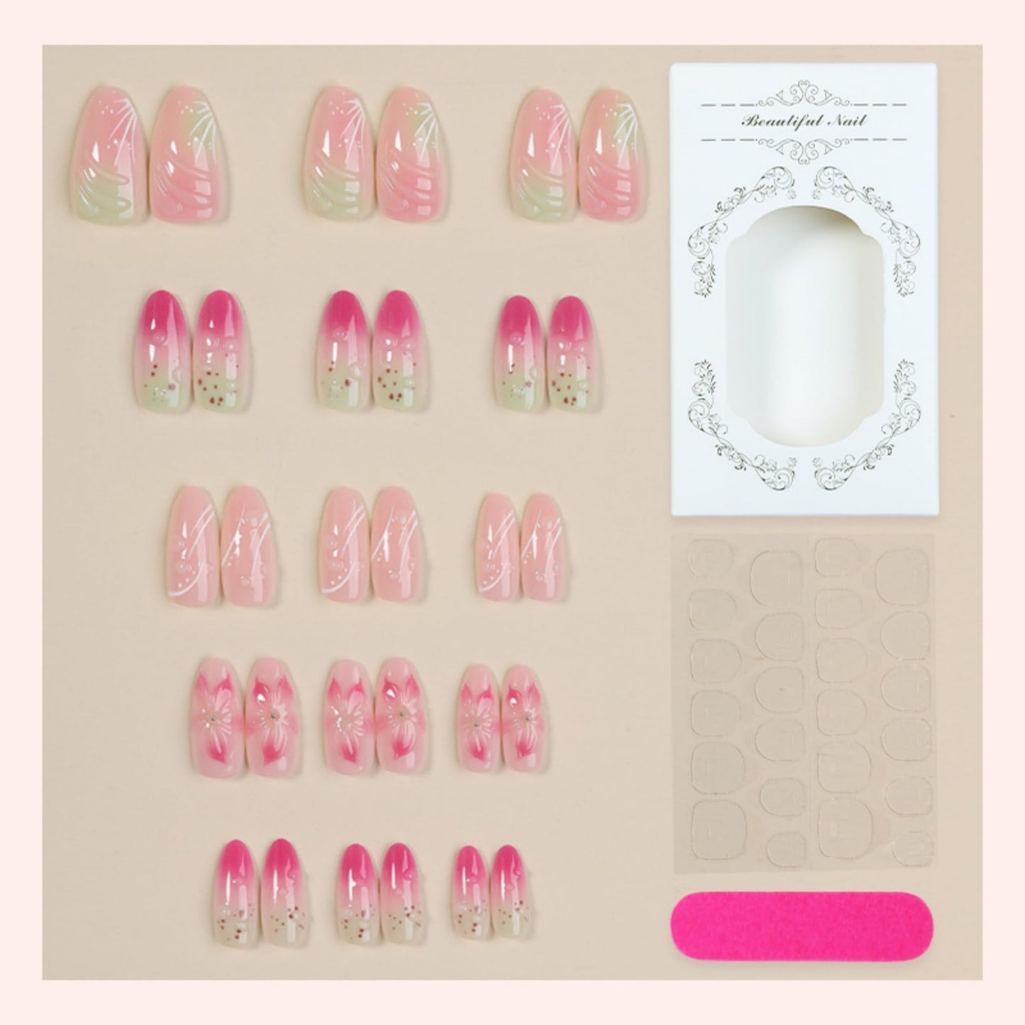 Medium Press on Nails Almond Fake Nails Pink Artificial Nail 3D Flower Gradient Water Drop White Line Glossy Sweet Floral Ombre Design Stick on Nail for Women 24pcs