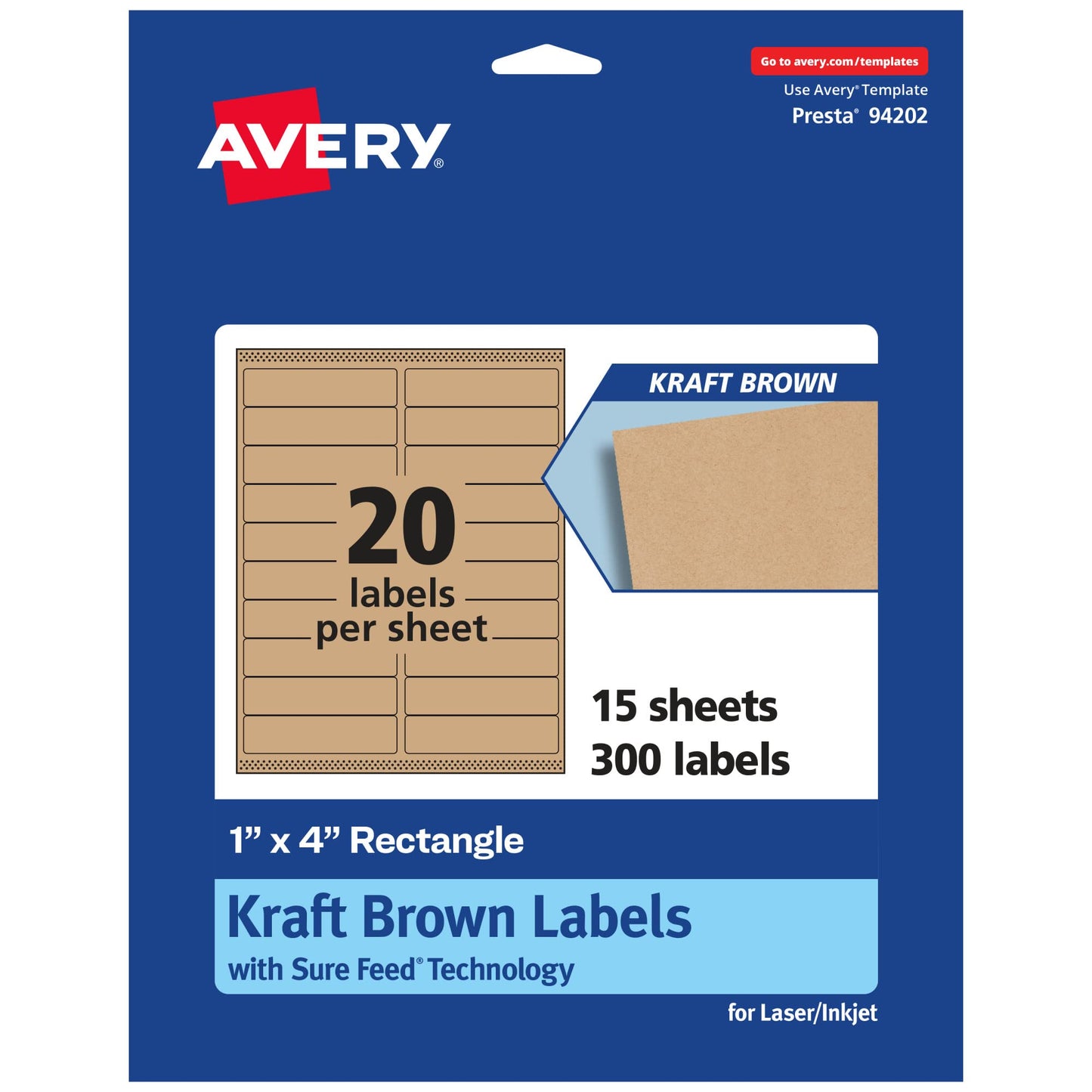 Avery Kraft Brown Rectangle Labels, Sure Feed Technology, 1" x 4", 300 Kraft Brown Labels, Laser/Inkjet Printable