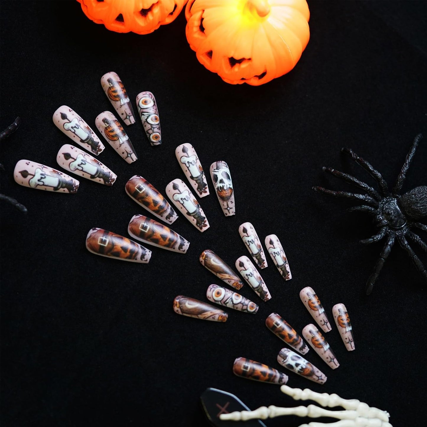 IMSOHOT Press on Nails Long Coffin Fake Nails Matte Nude False Nails with Pumpkin Skull Designs Acrylic Ballerina Glue Stick on Nails for Women 24Pcs