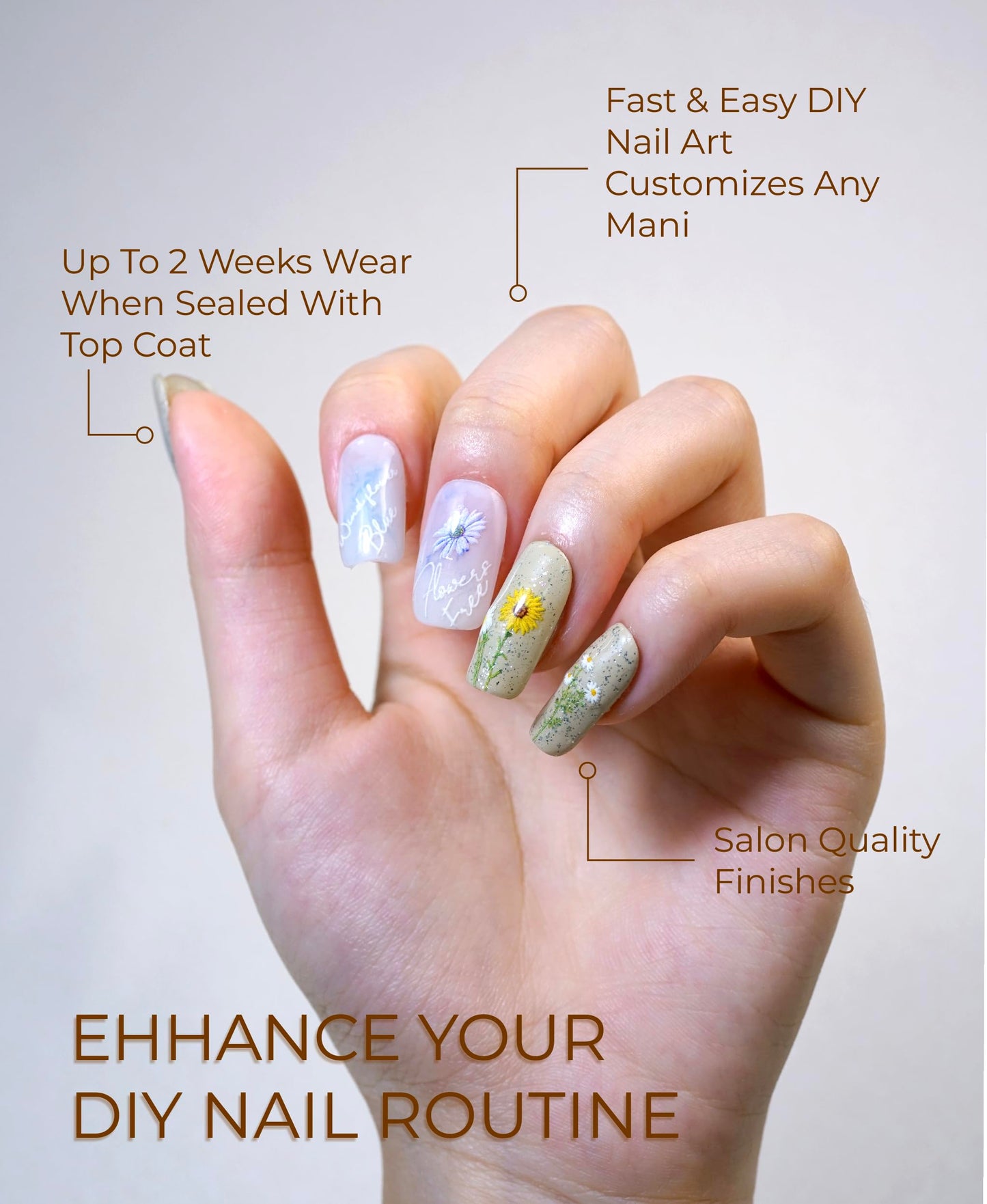 Beaolata Flower Nail Stickers for Nail Art - 3 Sheets 5D Embossed Iridescent Floral Trio Leaf Plant Designs Self-Adhesive Nail Decals for Women Manicure Salon Nails Art Decoration