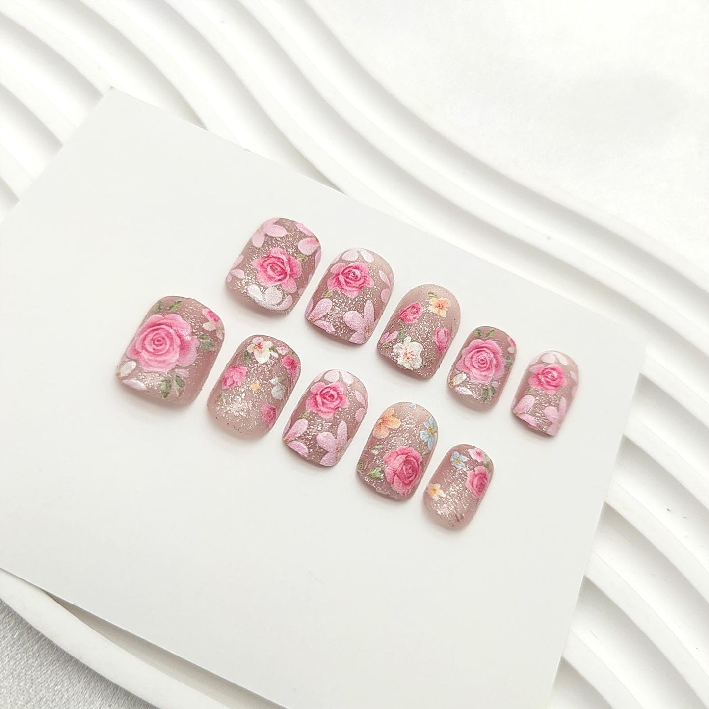 Floral Press on Nails Short Square Fake Nails with Flower Glitter Designs Cute Nails Press ons Pink Glue on Nails Glossy Acrylic Nails Summer Stick on Nails for Women 24Pcs
