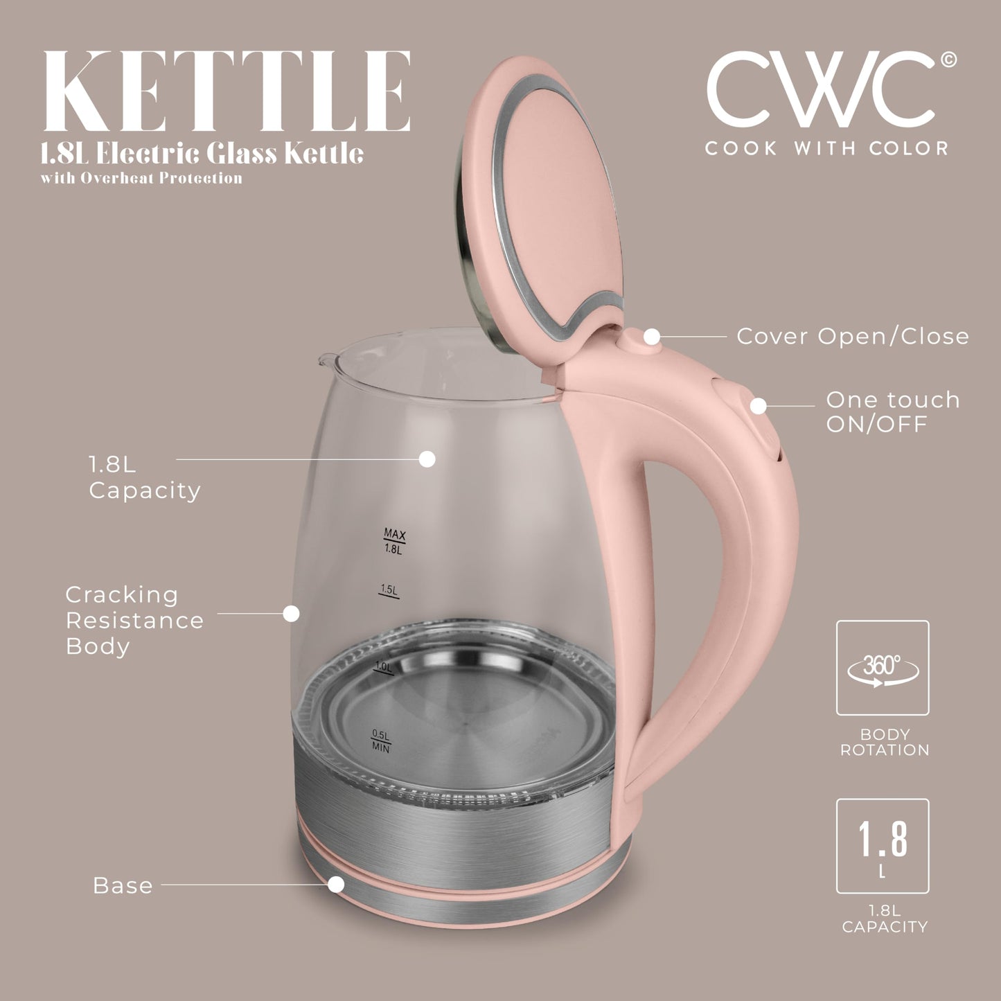 COOK WITH COLOR Electric Tea Kettle, 1.8L Cordless Hot Water Boiler, 1200W Rapid Boil, Auto Shutoff & Boil Dry Protection, BPA-Free, Sleek Countertop Design, Blush