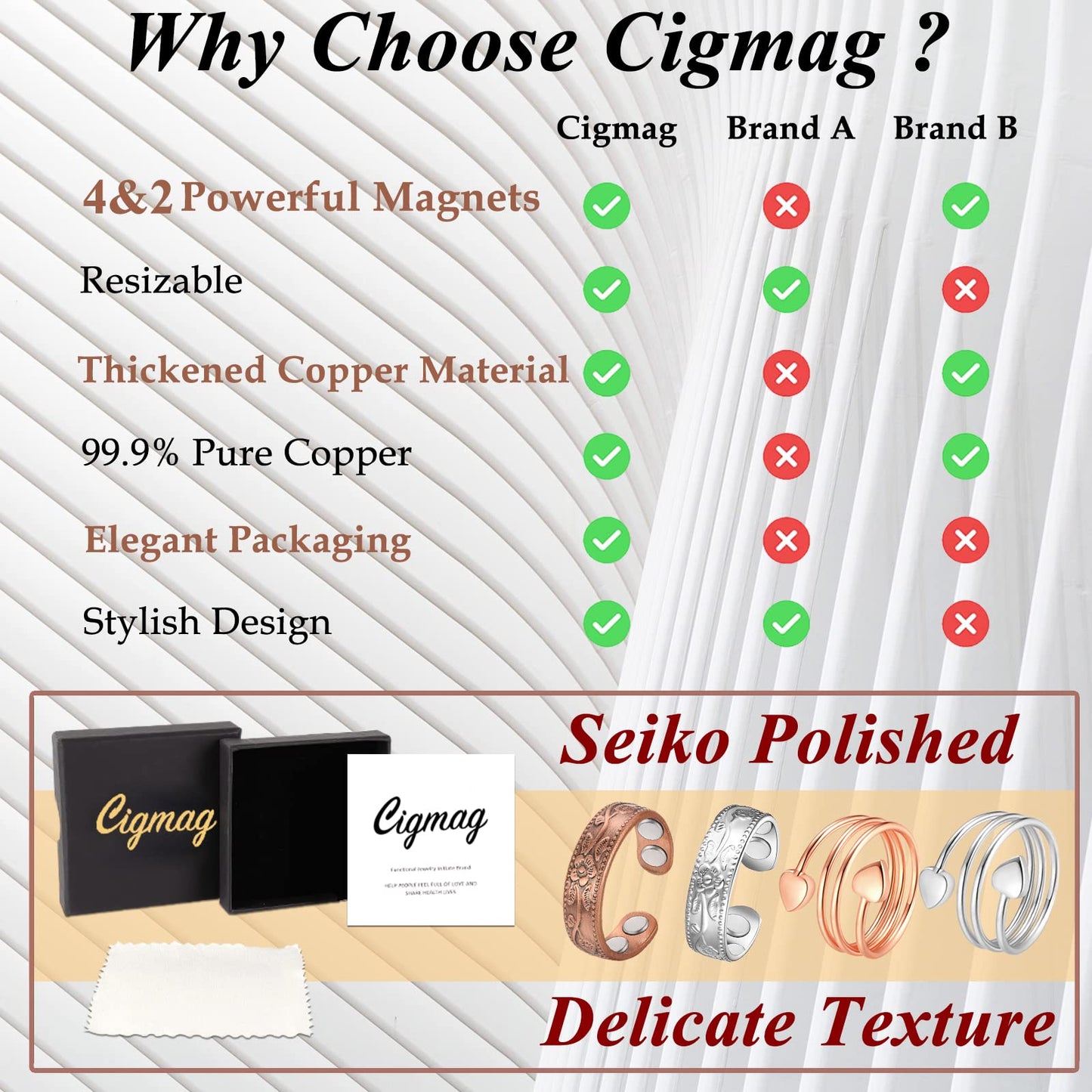 Cigmag 4PCS Copper Rings for Women, Magnetic Rings Strong Magnets Pure Copper, Adjustable