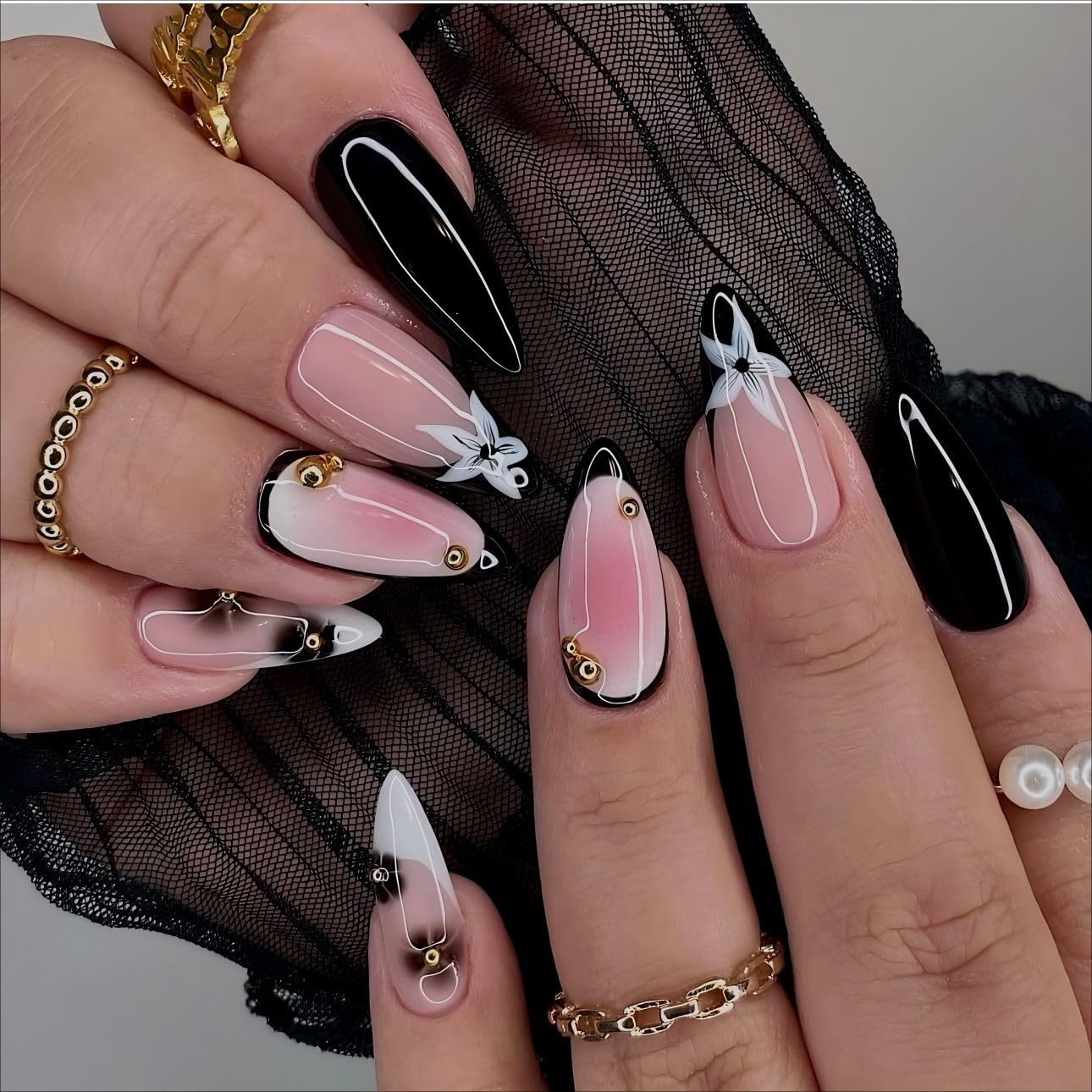 LPOODDNU Black White Press on Nails - Almond Medium French Fake Nails with Flower&Gold Bead Designs, Glossy Finished Reusable False Nails with Glue Tabs - 24Pcs Nail Kit for Women Manicure