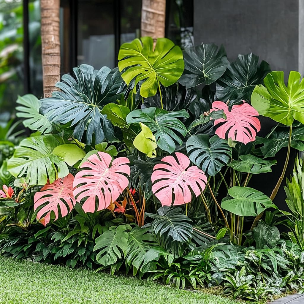 Rare Monstera Seeds Deliciosa, Pink and Green Tropical Leaves, Garden Landscaping