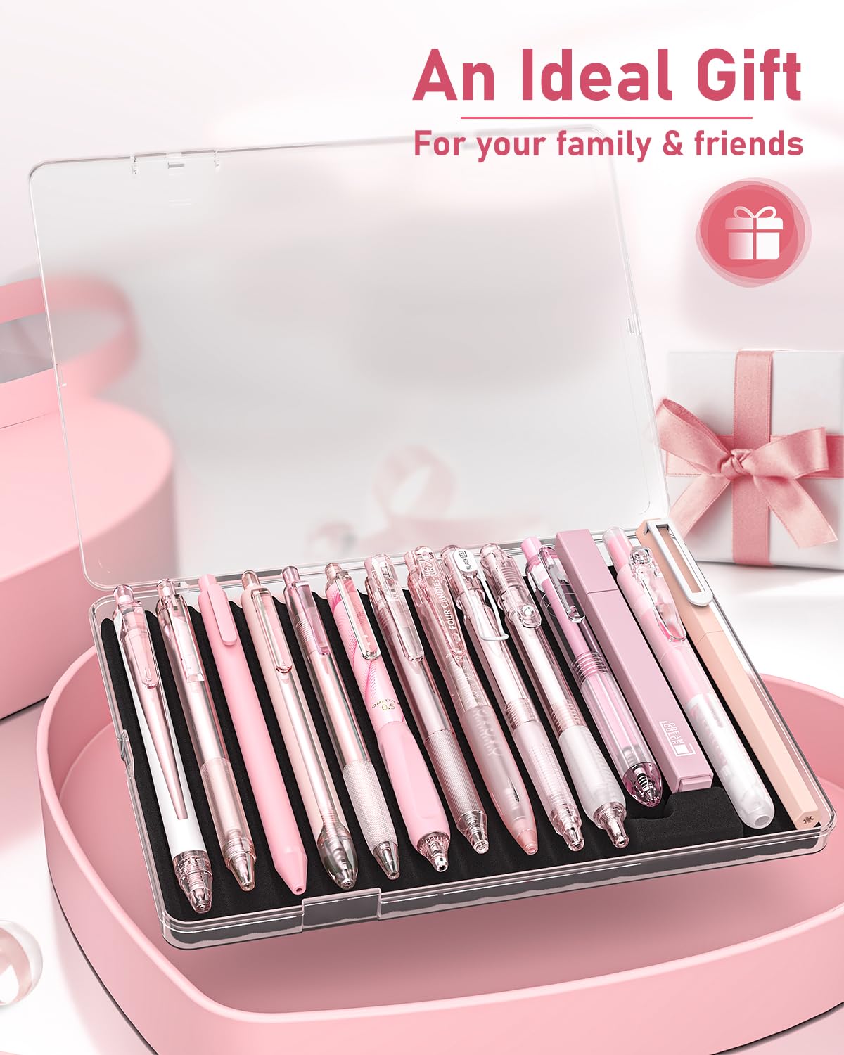 Four Candies Writing Ink Pens with Black & Pink Ink and 2Pack Highlighter, Cute Retractable 0.5mm Smooth Writing Pens,Pink Pens for School, Office Girly Stationery Aesthetic Desk Accessories Set of 14