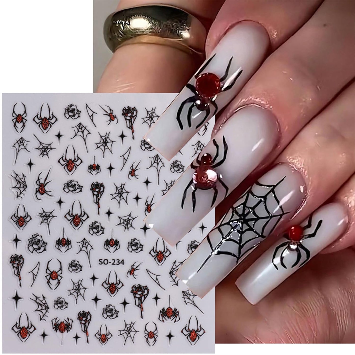 6 Sheets Halloween Nail Art Stickers Decals 3D Self-Adhesive Spider Web Nail Stickers Spider Ghost Pumpkin Red Blood Lips Designs Halloween Nail Decals Supplies for Women Nail Art Decorations Charms