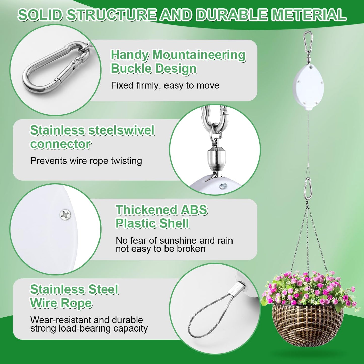 Heavy Duty Retractable Plant Hangers, Adjustable Pull-Down Pulleys with 63" Stainless Steel Rope, Double Hooks for Hanging Plants, Bird Feeders, Planters & Pots, Indoor & Outdoor Use (4Pcs- White)