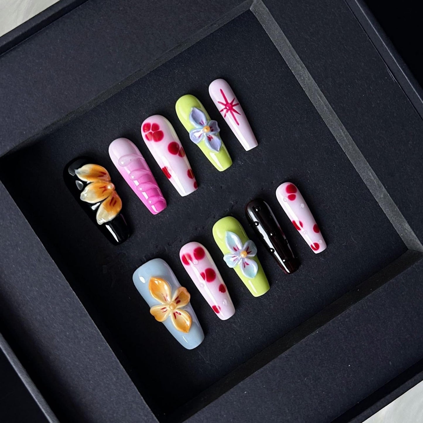 Luxury Press on Nails Medium Coffin Handmade 3D Unique Reusable ABS Material Fake Nails Colorful False Nails with Designs Blue Orange Flower Art Petal Glossy Glue on Nails Thick Acrylic Nails(M)