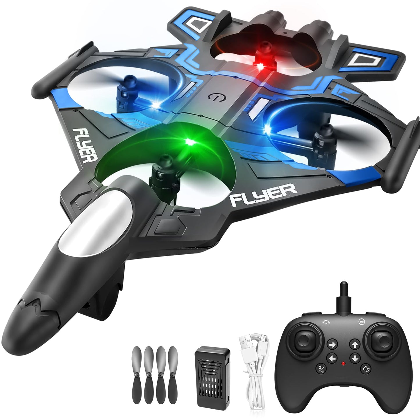 serfiman Foam Remote Control Airplane with LED Lights, RC Jet Fighter 360° Flip & Stunt Roll, 2.4GHz RC Plane for Teens & Adults, Blue