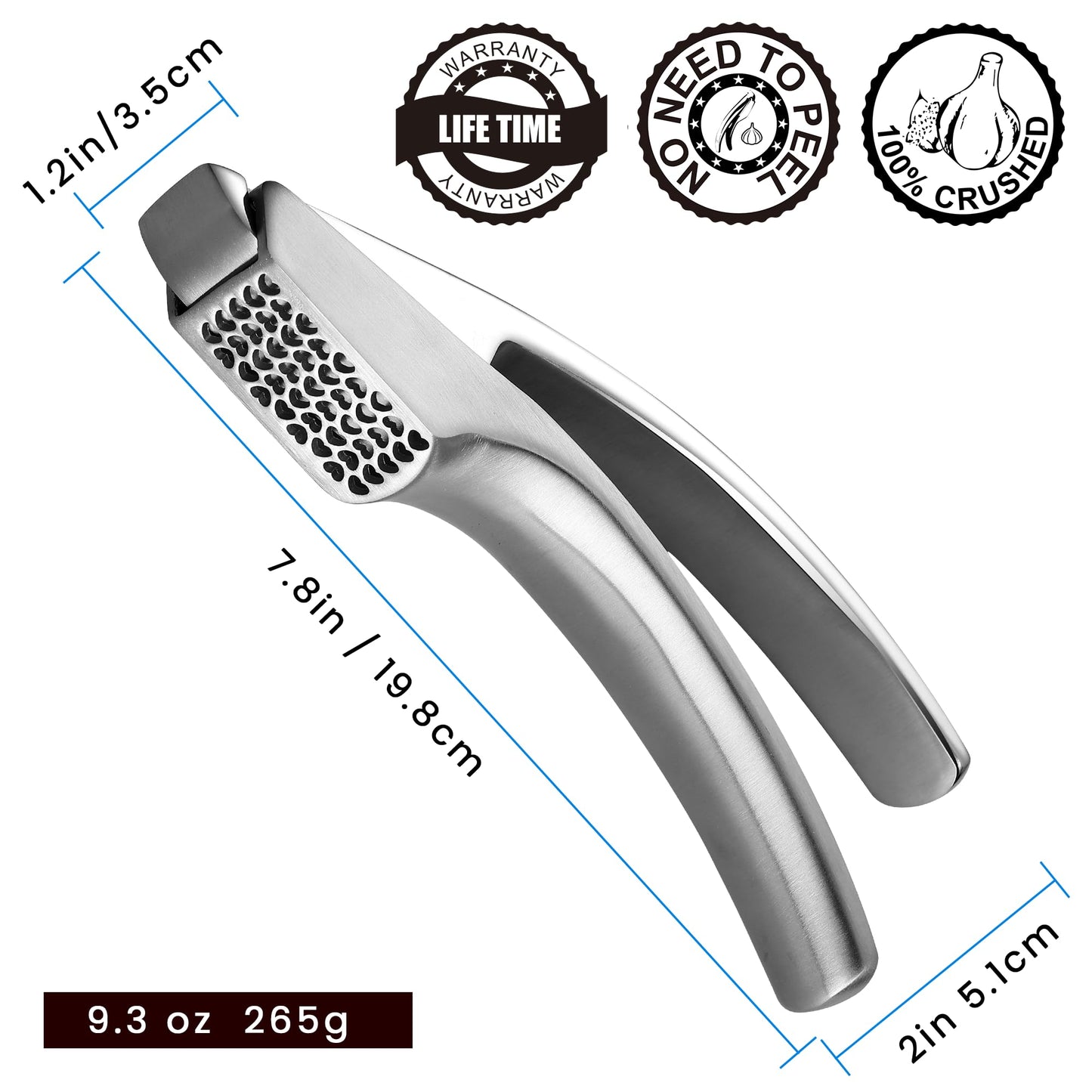 No Peeling Required Garlic Press Stainless Steel with Detachable Handle for Coarse Mincing - Premium Garlic Mincer Tool, Rust-Proof, Easy to Clean, Dishwasher Safe Garlic Crusher, Lifetime Replacement