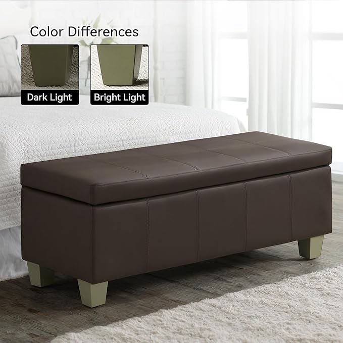 41" Faux Leather Storage Ottoman, Stitch Tufted Rectangle Upholstered End of Bed Storage Bench, Entryway Large Couch Ottoman with Wooden Legs,Brown