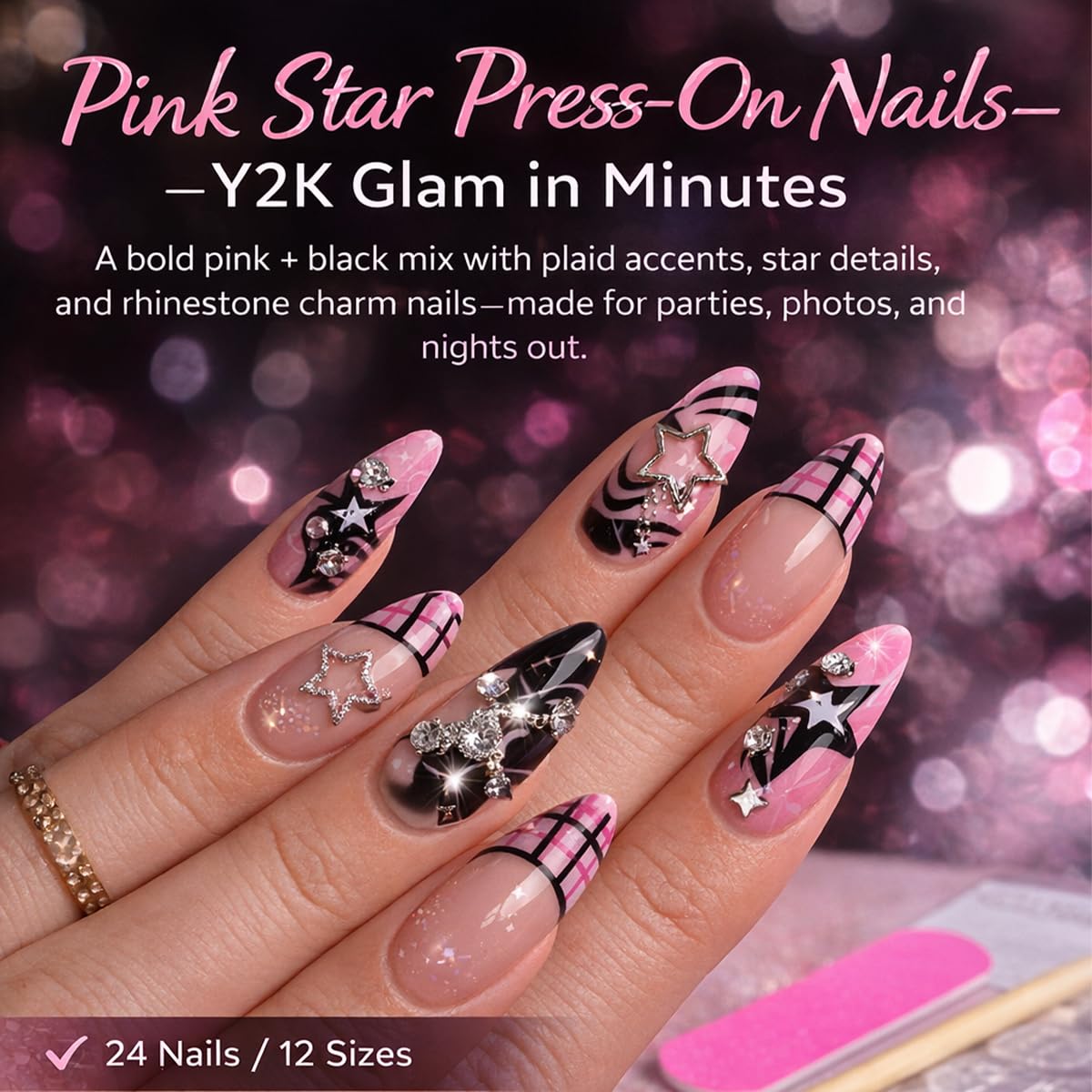 OCTOSWAVE Long Almond Press On Nails, Pink & Black Y2K Fake Nails with 3D Silver Star Charms, Glossy Stick-On Nail Set (24 Pcs) with Jelly Adhesive Tabs, Prep Pad, File & Cuticle Stick