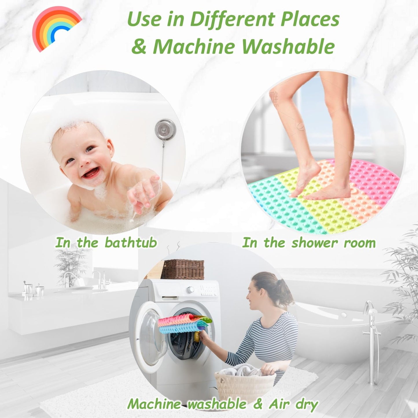 Joiyota Silicone Push Pop Bath Mat for Kids, CPC Certified Non-Slip Rainbow Bathtub Mat with Suction Cups, Sensory Bath Toy for Toddlers (27x15-rainbow)
