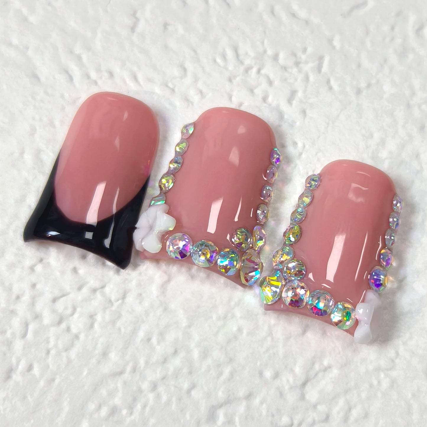 TENPAL Handmade Duck Nails Press on,Pink & Black French Tip Duckbill Tips with Rhinestone Edge,10PCS Glossy Glue on Nails Kit,Glitter Acrylic False Nails with Design,Y2K Punk Fake Nail for Women(S)