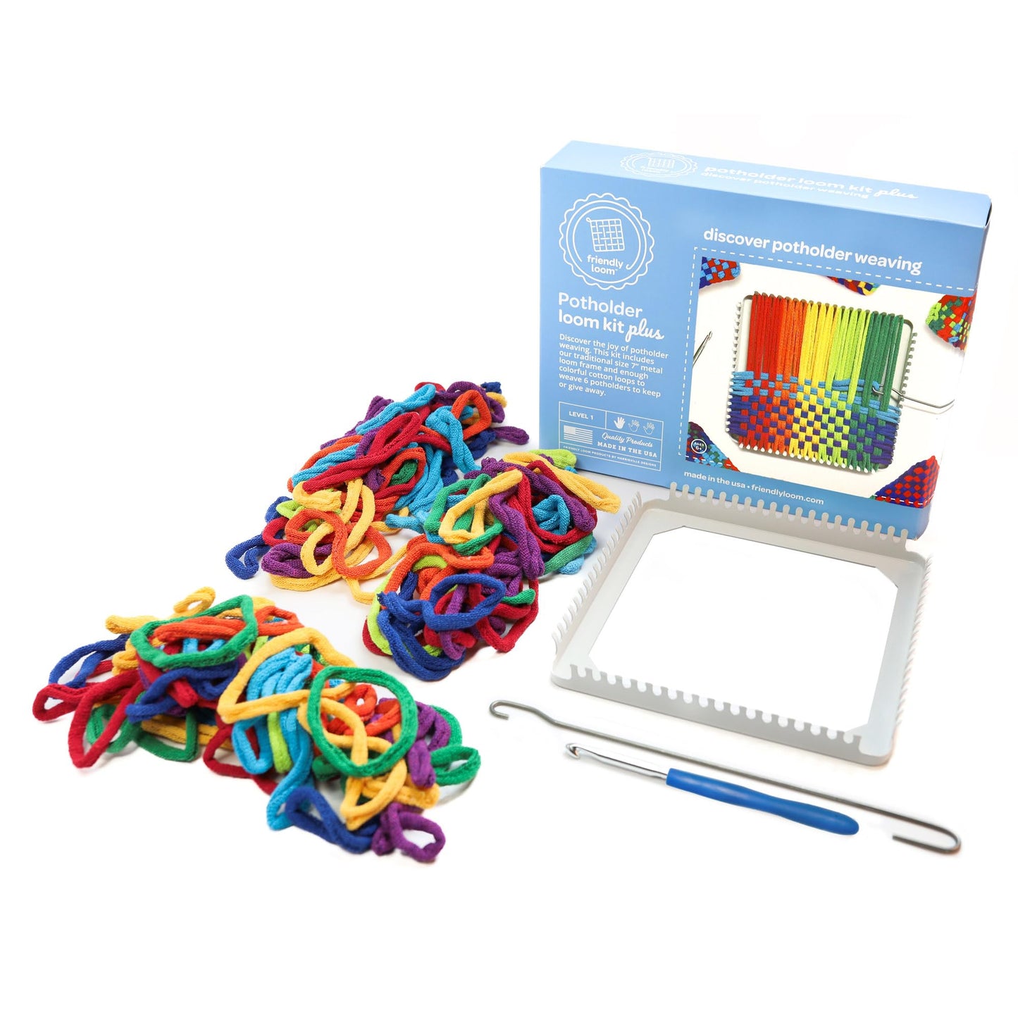 Friendly Loom 7” Traditional Potholder Loom Plus Weaving Kit | Sturdy Metal Loom and Quality Cotton Weaving Loops in Rainbow Colors | Complete Kit to Weave 6 Functional Potholders | Made in the USA