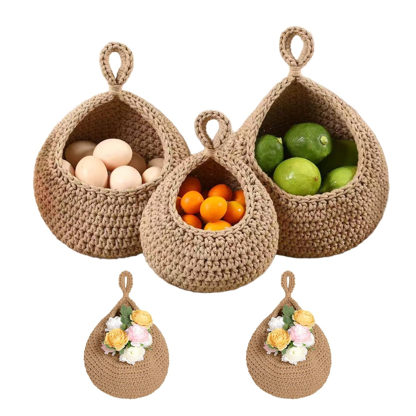 Hanging Storage Baskets Boho Decor Set of 3, Handmade Cotton Rope Wall-Mounted Fruit & Vegetable Baskets, Decorative Hanging Organizers for Kitchen, Entryway, Bathroom & Bedroom
