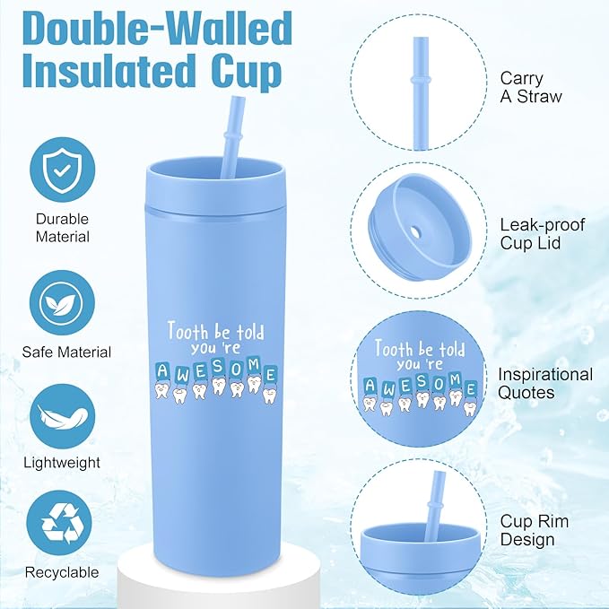 Skylety 3 Pcs Dental Hygiene Month Gifts Dental Assistant Hygienist Appreciation Gift 16oz Tumbler with Lid Cute Teeth Makeup Bag Stress Toy Employee Thank You Dentist Coworker Nurse Student(Blue)