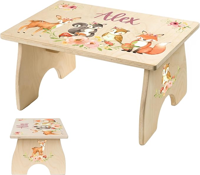 Step Stool for Toddlers- Personalized Wood Kids Step Stool with Name for Kitchen Sink, Bathroom, Potty Training, Toilet, Kitchen Sink- Sturdy and Safe- Made in USA by BloomOwl (Woodland- Girl 2)