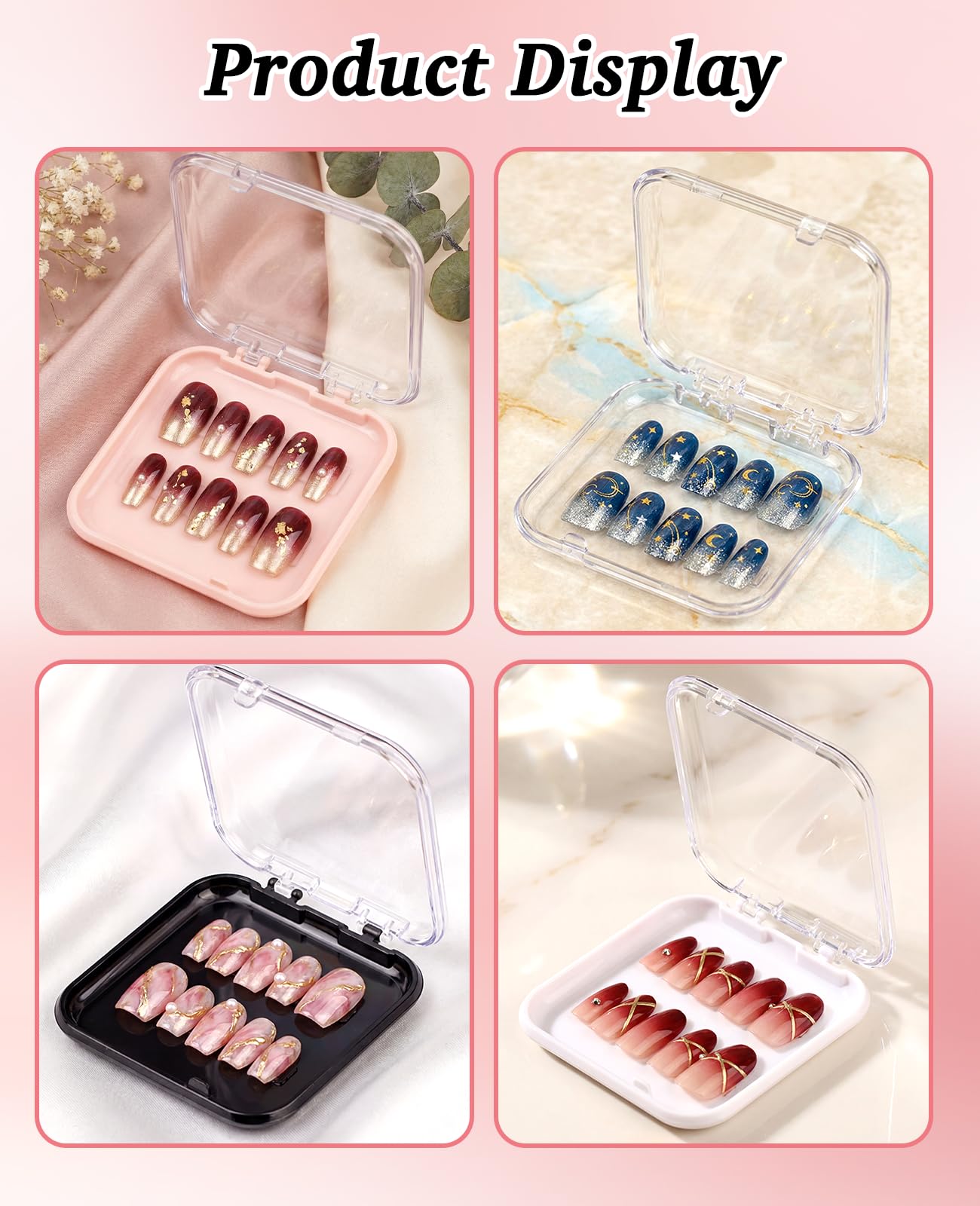 PASDUCHAS 48 Pcs Nail Boxes for Press Ons, Fake Nail Storage Case Packaging Container with 120 Adhesive Double Sided Tape