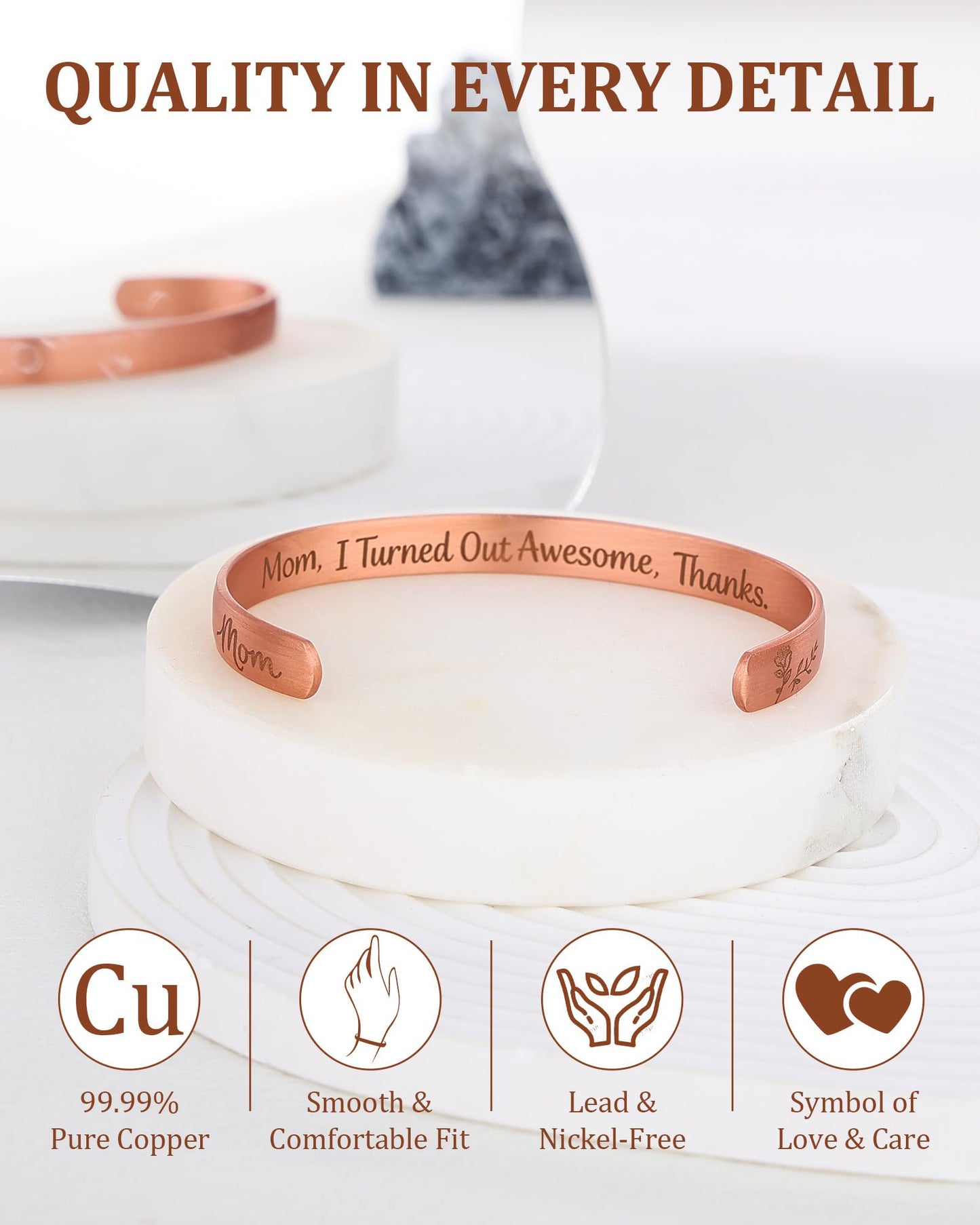 BioMag Copper Bracelet for Women Mom, 99.99% Pure Copper Cuff Bangle for Mothers Day Birthday, Adjustable Jewerly Gift