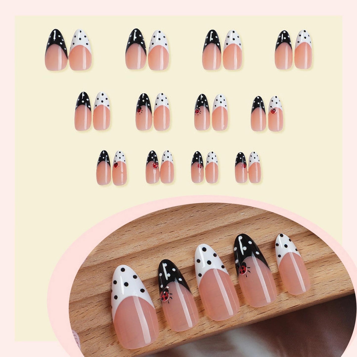 MISUD Press on Nails - Medium Almond Fake Nails with Black White Polka Dot, Acrylic Ladybug Design 24 pcs