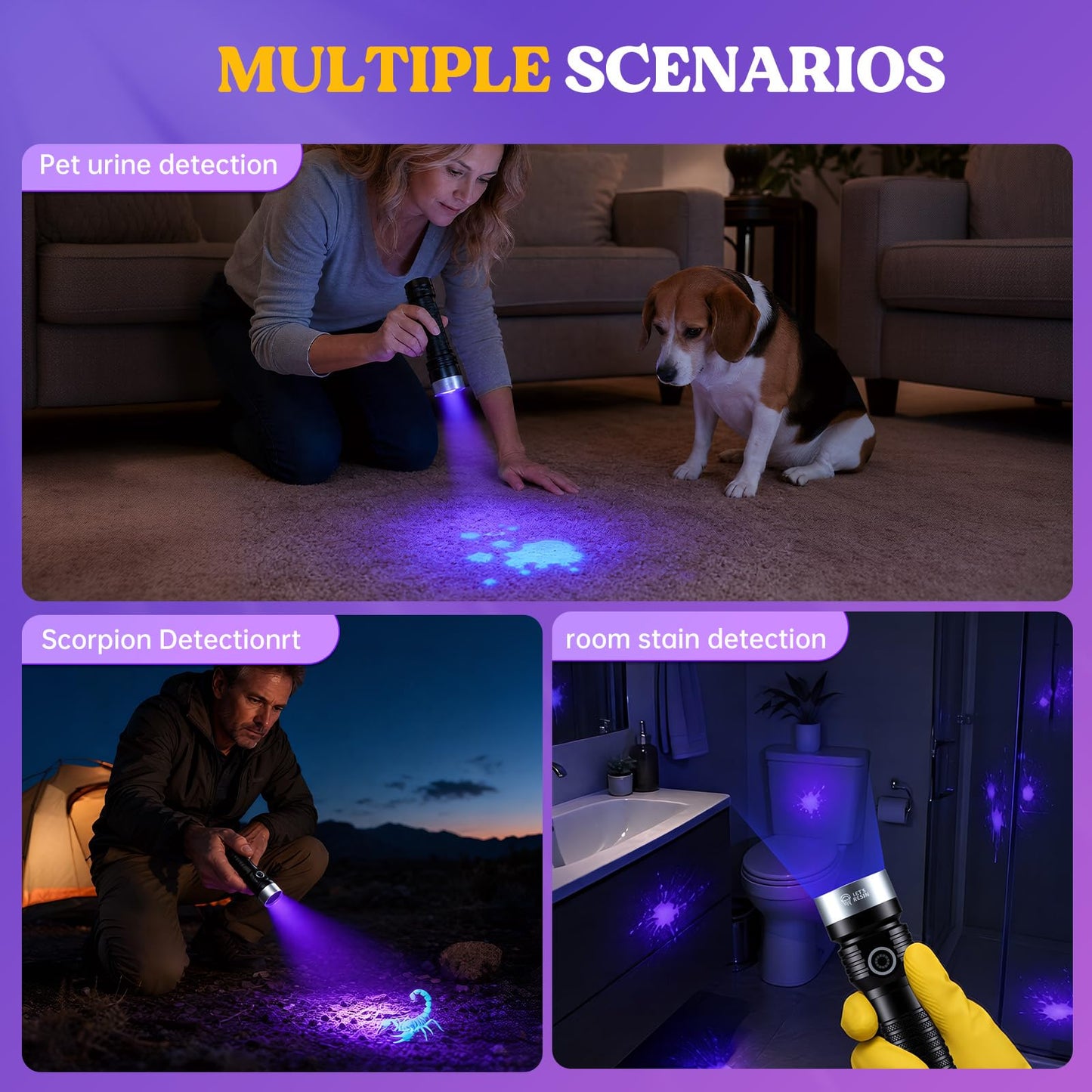 LET'S RESIN UV Flashlight 365nm UV Light for Resin Curing, 7 LED Lamp, USB-C Rechargeable 3000mAh Black Flashlight, Portable UV Cure Lamp for Resin Molds, Jewelry DIY, Stain Detection