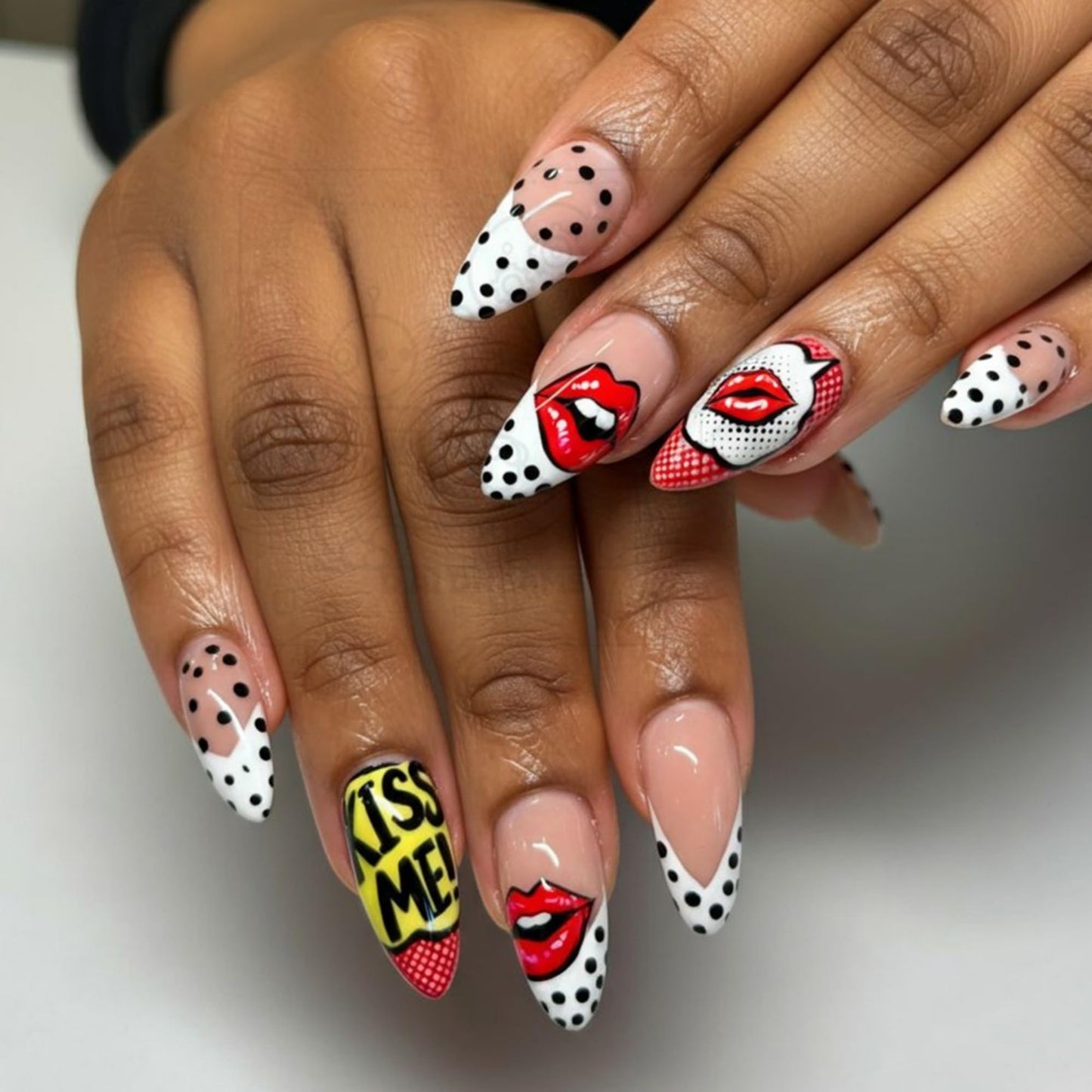 octoswave Long Almond Press on Nails with Romantic Red Lips and Polka Dots Design, Glossy Acrylic Fake Nails for Women Party and Date Night Styling, 24Pcs