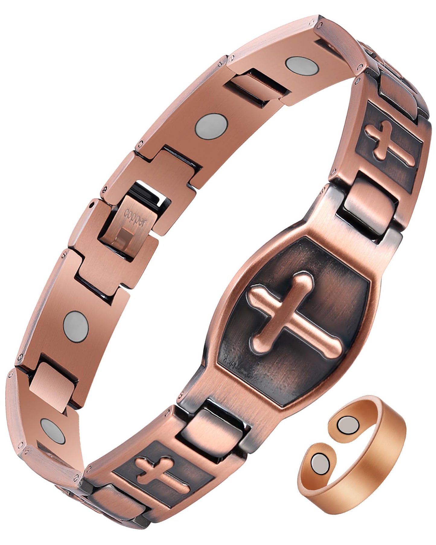 Jecanori Copper Magnetic Bracelet & Ring for Men,Pure Copper Cross Bracelets for Men,Ideal Gift