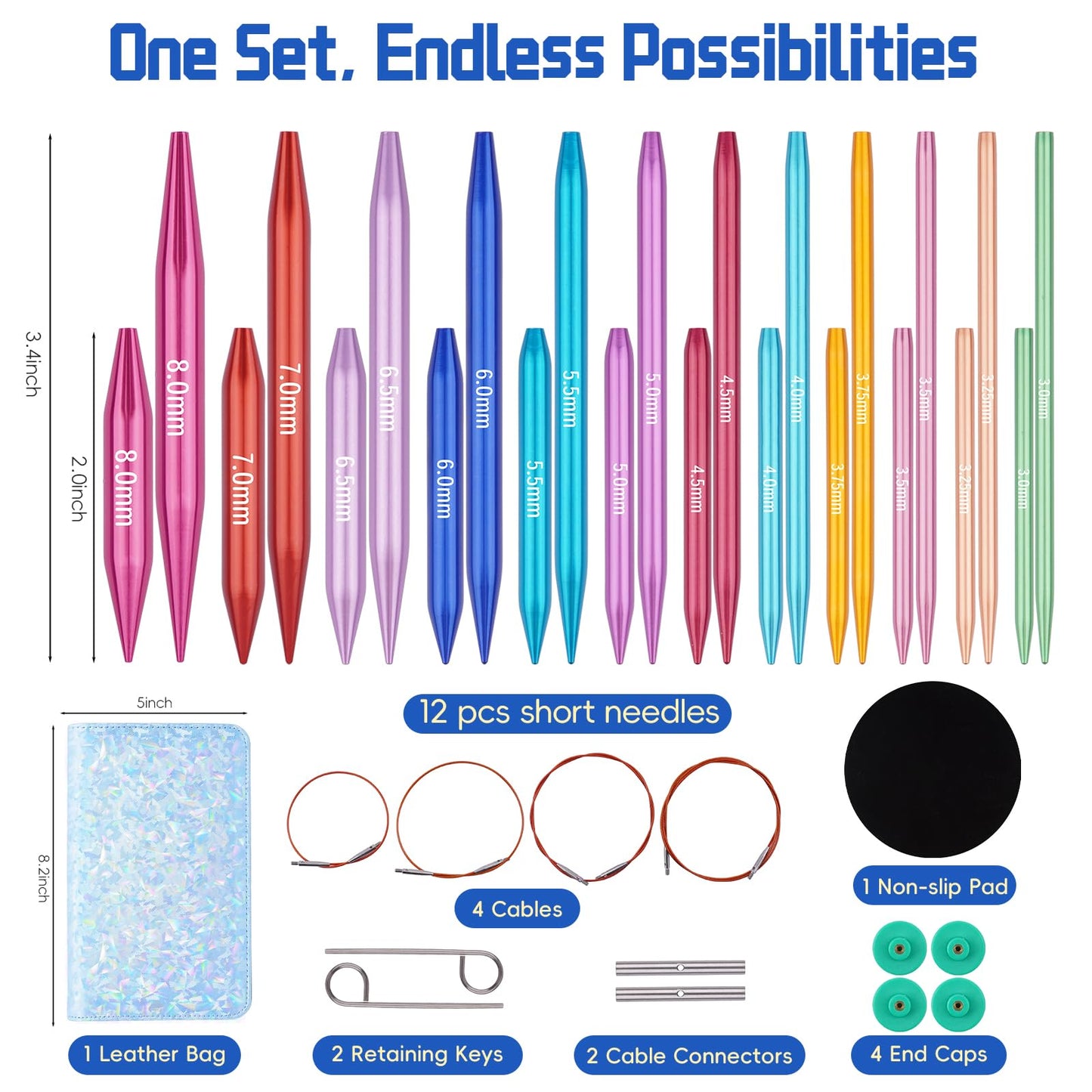 Weabetfu Circular Knitting Needles Set with Case 12 Pairs Interchangeable Aluminum Circle Needles with 4 Flexible Cables 3mm-8mm,Short Circular Needles