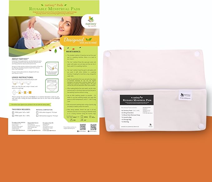 Organic Cotton EcoComfort Reusable Period Pads for Heavy Flow & Incontinence (L+XL, 6-Pack); High-Temp Washable Cloth Pads for Women; Non-Irritating, Soft Reusable Pads Menstrual for Comfortable Care