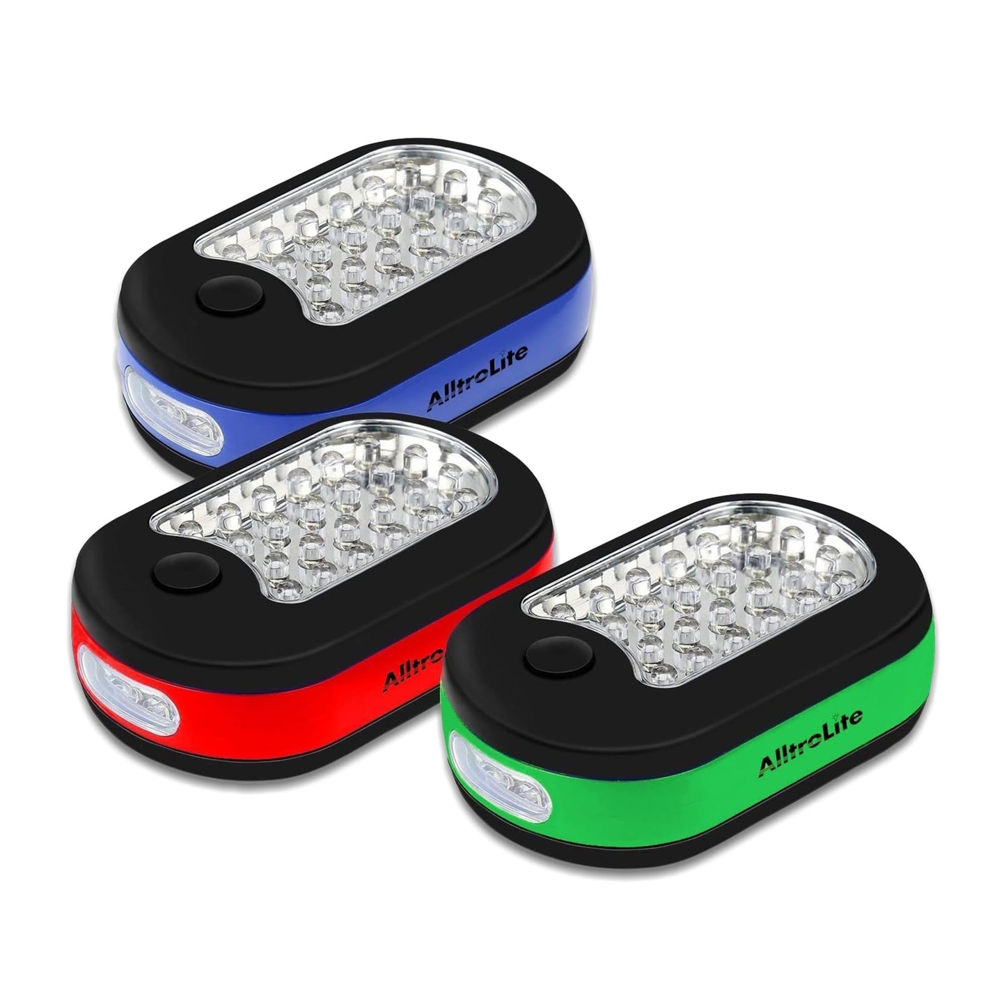AlltroLite 3-Pack LED Work Light | Portable Magnetic Work Light with Rotatable Hook, Magnetic Back & Push Button | Battery Operated Pocket Work Lights for Car Repairing, Emergency, Hiking, Camping