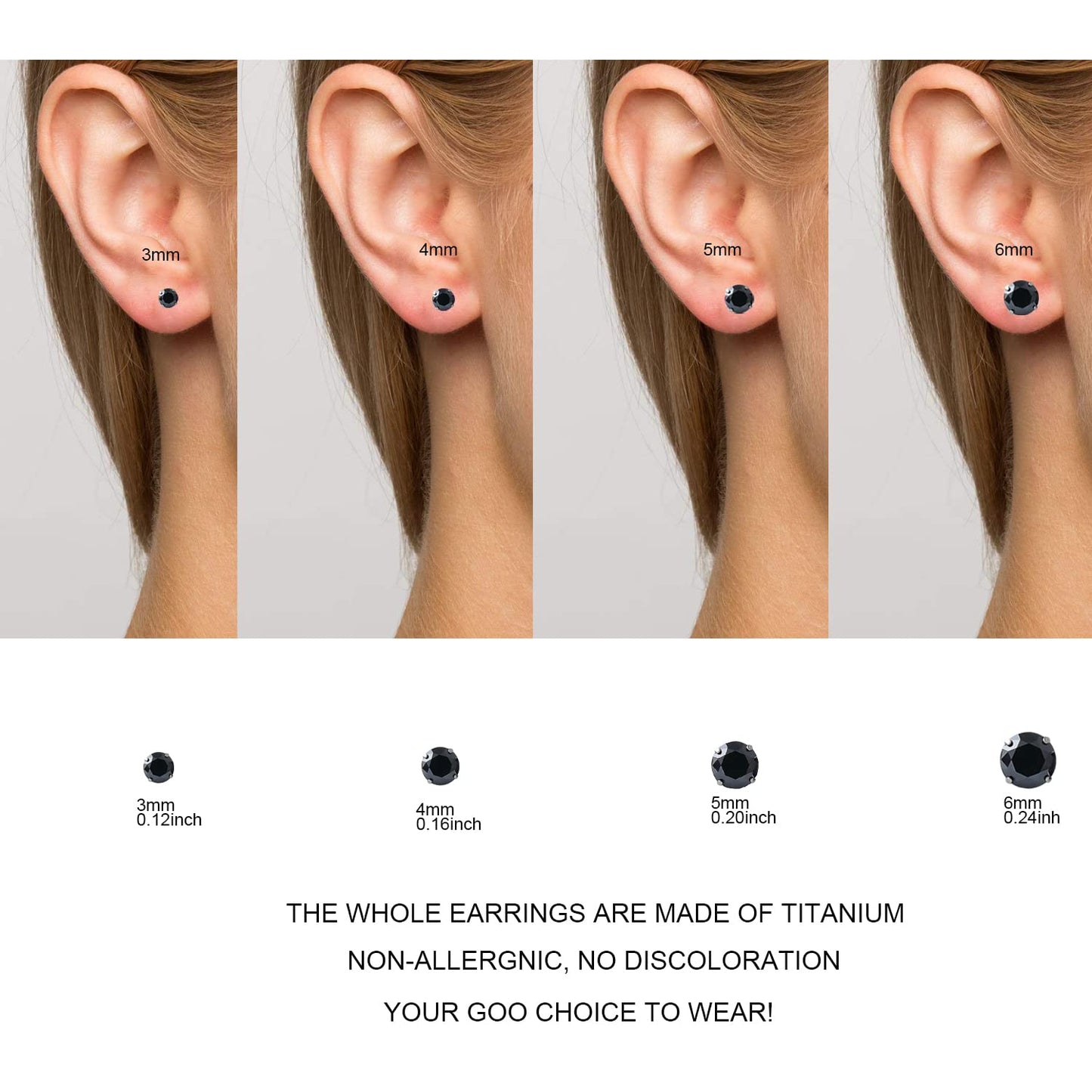 1 Pair Implant Grade Titanium Stud Earrings Set Hypoallergenic 3mm 4mm 5mm 6mm Cubic Zirconia G23 Titanium Earring Studs for Women Men for Sensitive Ear (4mm black)