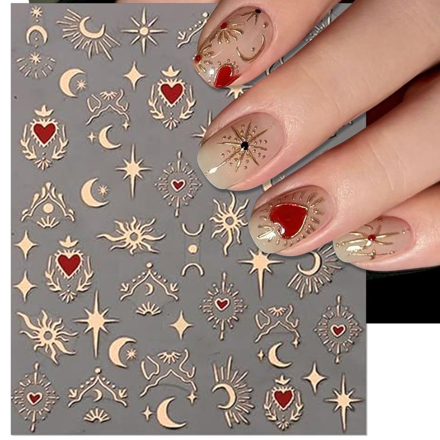 IDDFEVE 9 Sheets Gold Heart Nail Art Stickers - Valentines Day Self-Adhesive 3D Nail Decals for DIY Golden Silvery Manicure