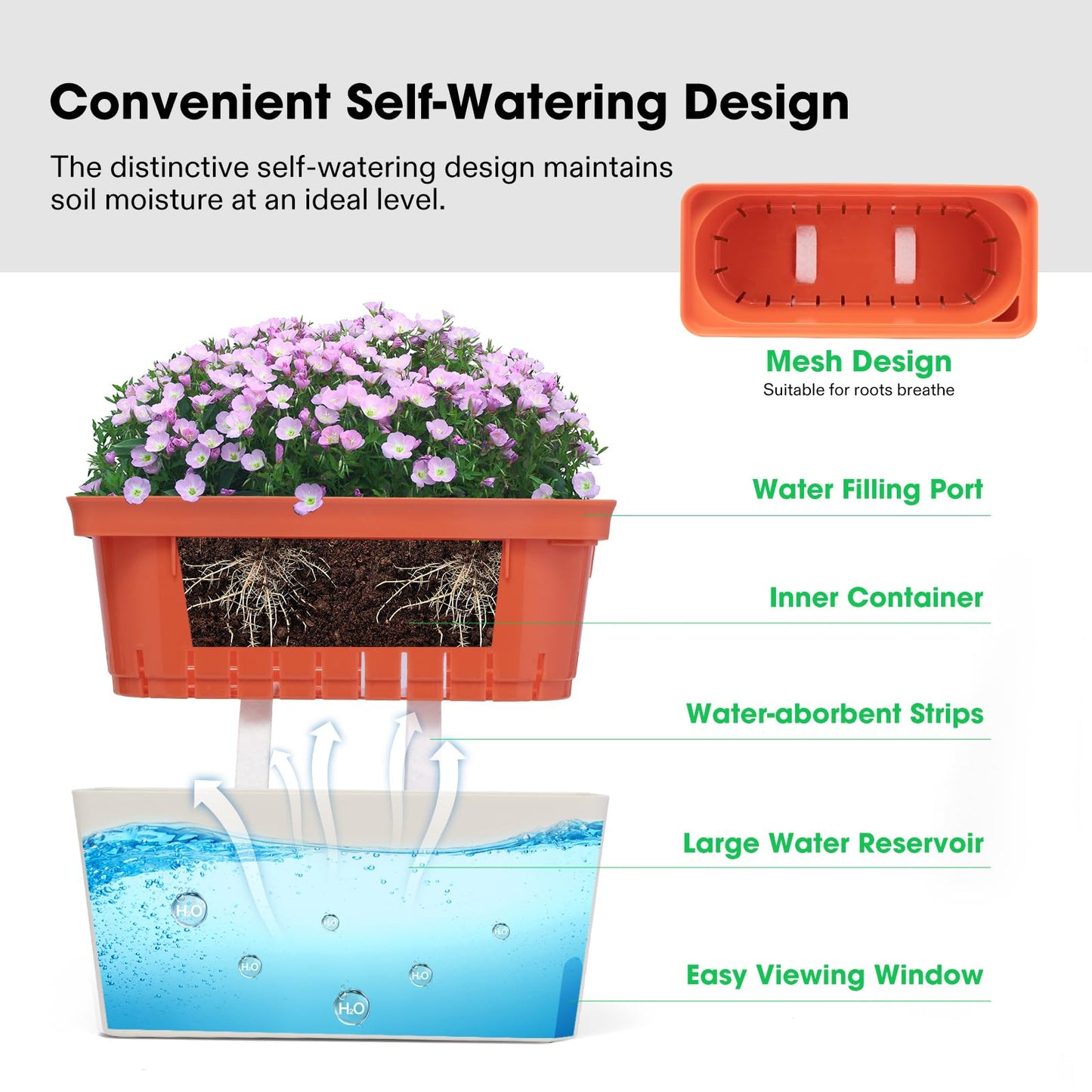 VIVOSUN Self-Watering Planters, 6-Pack 10.5 Inch Compact Rectangular Window Herb Planter Box with 10 PCS Plant Labels, Plant Container for Basil, Flowers, Succulents, Indoor & Outdoor
