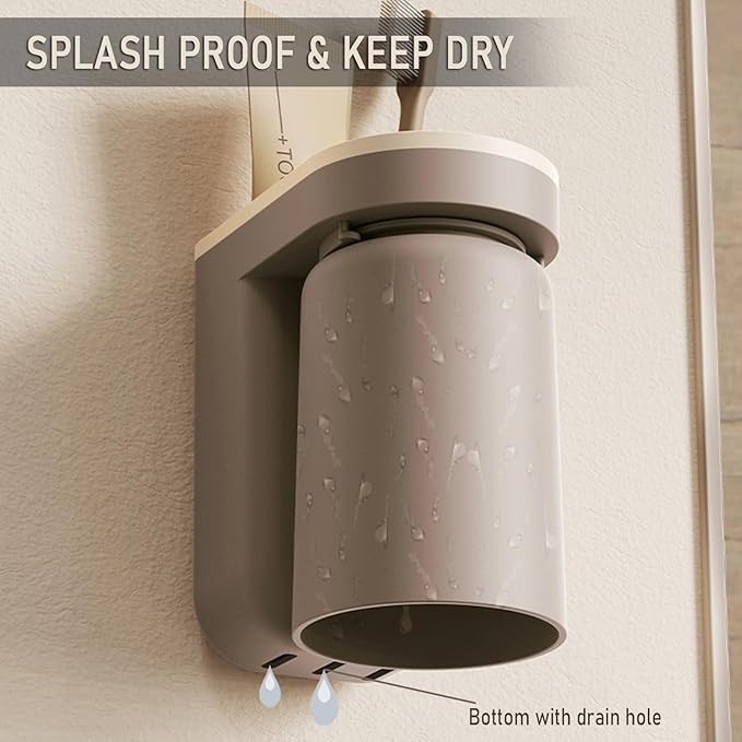 Toothbrush Holder Wall Mounted with Cup,2-in-1 Toothbrush Holders & Cups Set,Inverted Design for Easy Cleaning and draining,Stick-on Toothbrush Holder for Bathroom (Beige+Coffee)