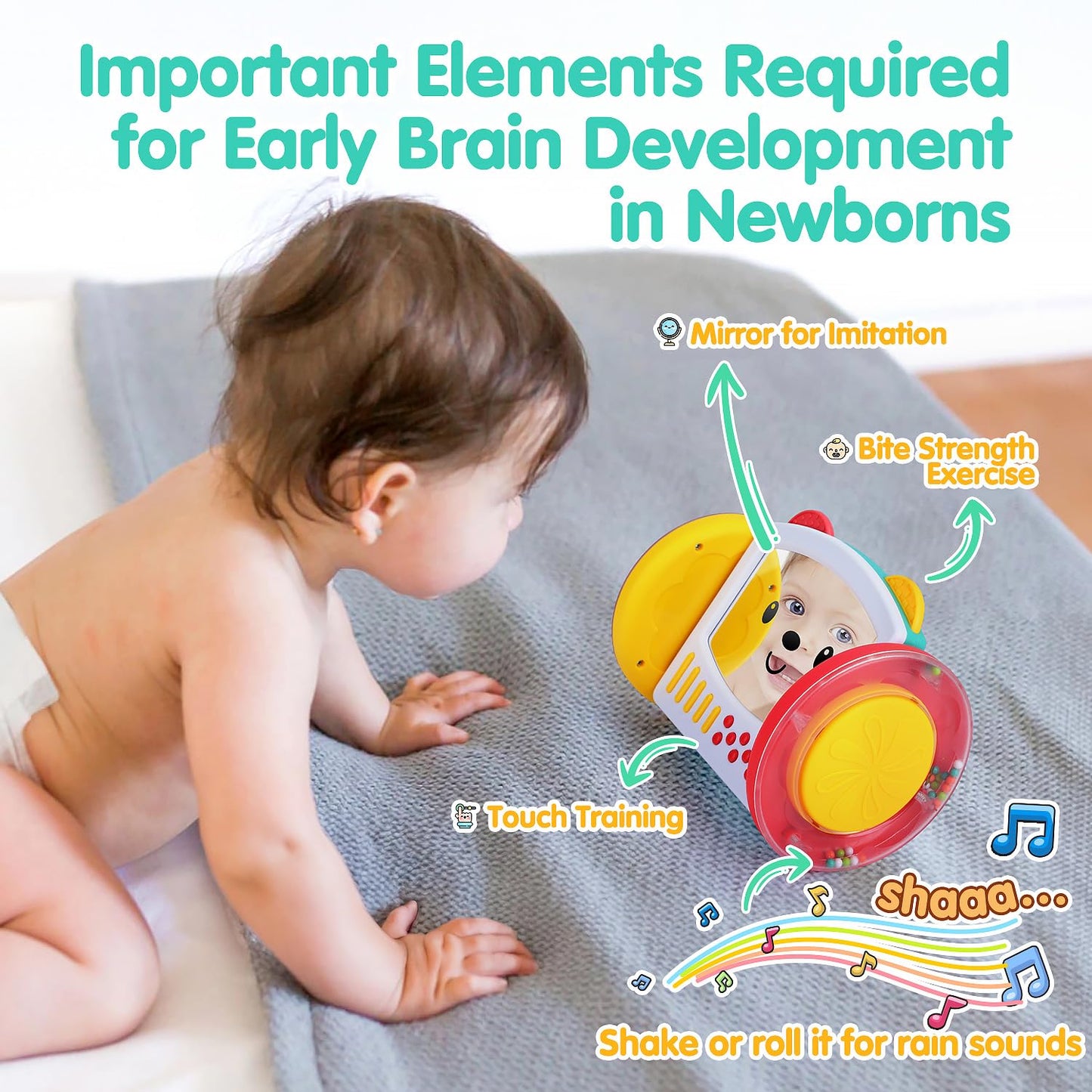 PLAY Tummy Time Toys Rolling Baby Mirror Activity Toy for Newborn 0 3 6 9 12 Months with Teethers Infant Mirror Crawling Montessori Toys for Brain Development Visual Stimulation, Double-Sided