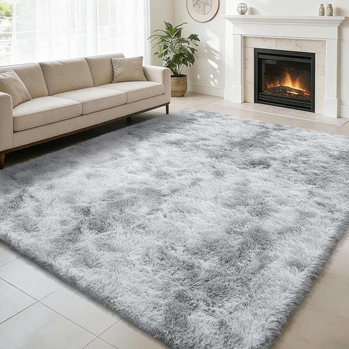 Ultra Soft Fluffy Area Rugs for Bedroom Living Room 10x14, Nursery Rug, Non-Slip Carpet for Kids Dorms Decor, Shaggy Bedside Rug, Tie-Dyed Light Grey