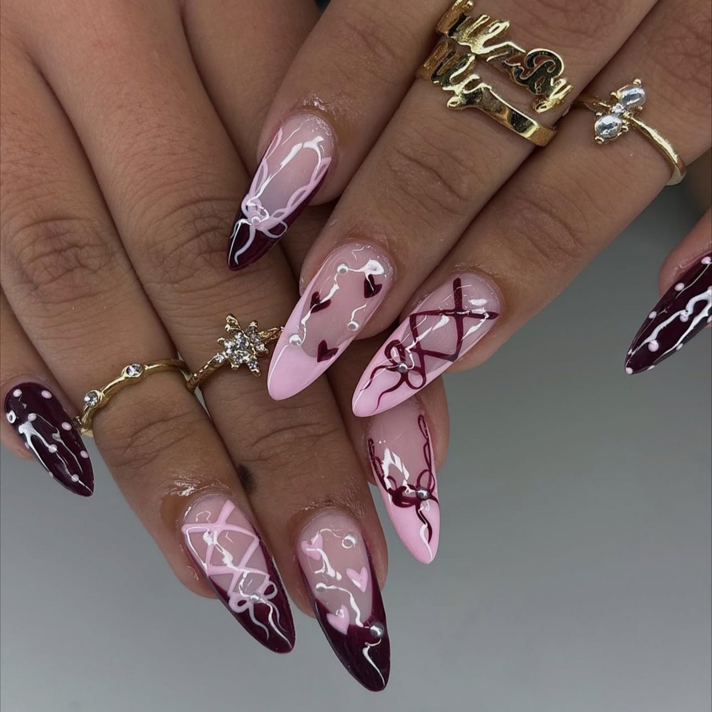 octoswave Press on Nails Medium Almond Fake Nails Cute French Artificial Nail Sweet Love and Bow Stick on Nail for Women 24pcs