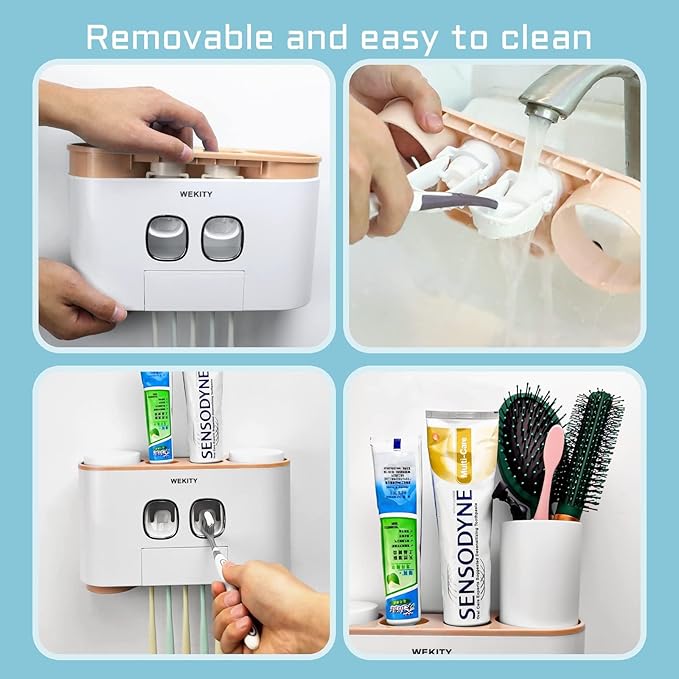 Toothbrush Holder Wall Mounted, WEKITY Multi-Functional Toothbrush and Toothpaste Dispenser for Bathroom, with 5 Toothbrush Slots, 2 Toothpaste Squeezers and 4 Cups(Pink)